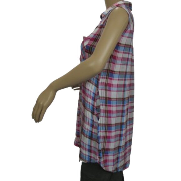 Papillon Sleeveless Button Down High Low Plaid Tunic - Picture 3 of 6